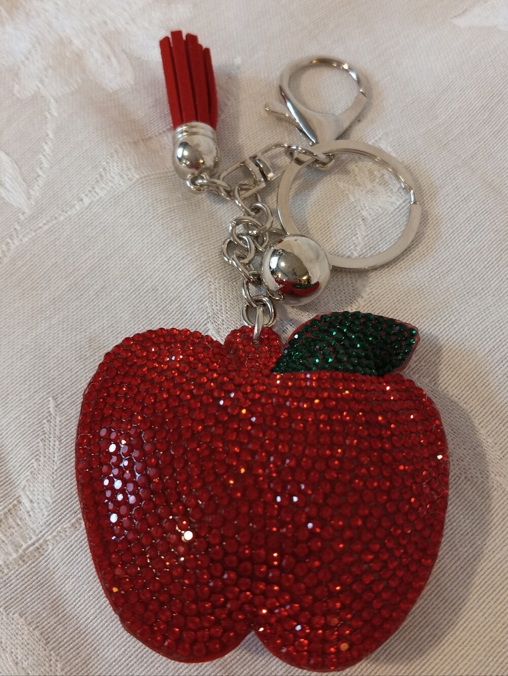 NWOT Sparkling Red Apple Backpack Bag Charm Keychain with Tassel